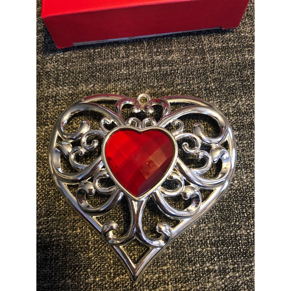 Lenox Red/silve bejeweled, heart ornament, silver plate New inbox